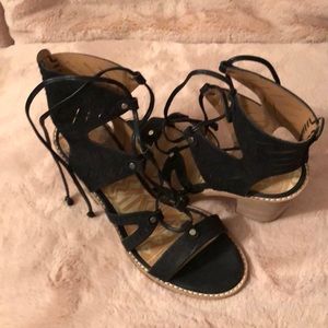 31/2” thick heel black suede lace-up sandals